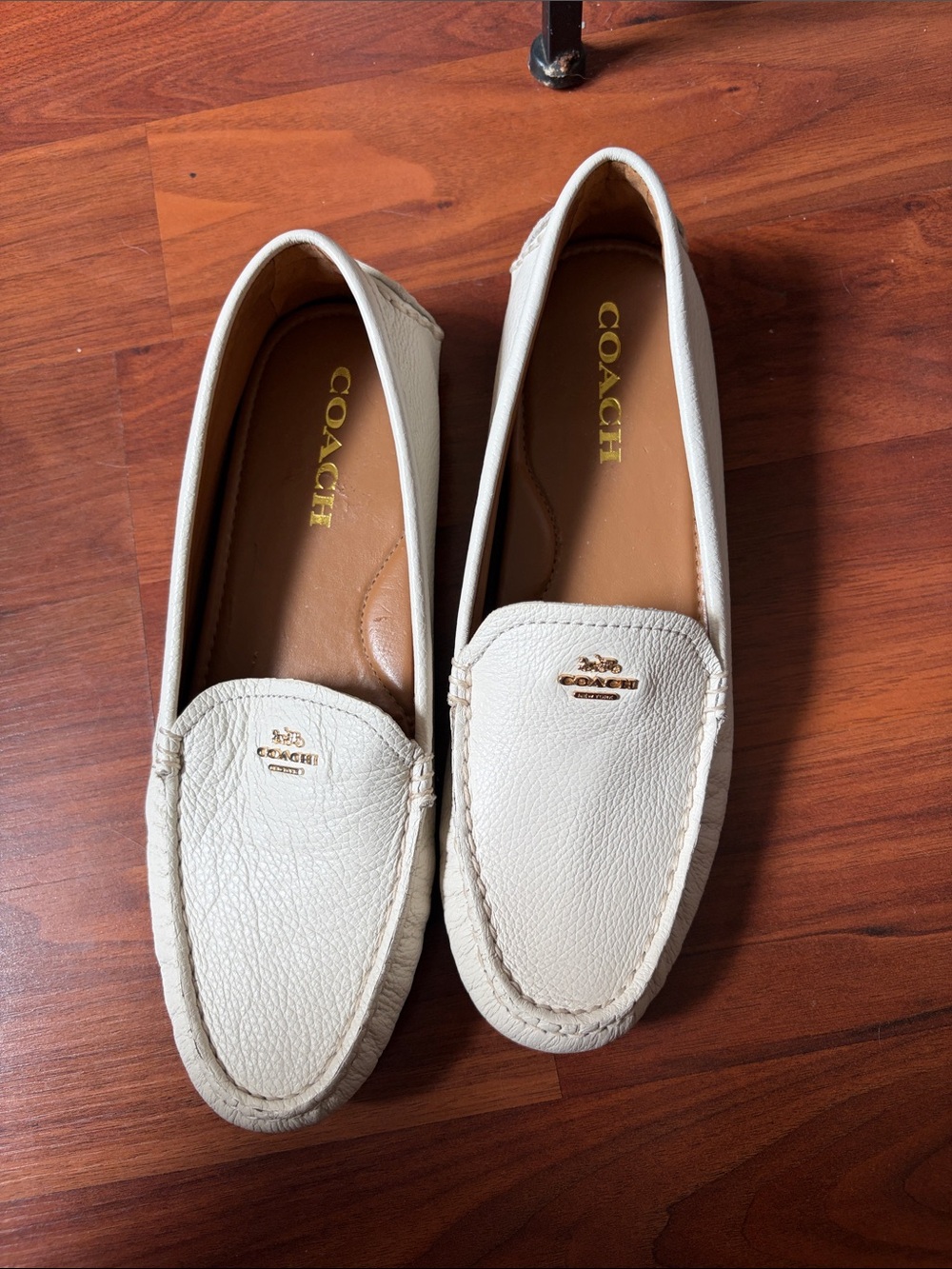 Coach Cream Leather Slip-On Loafers with Gold Logo
